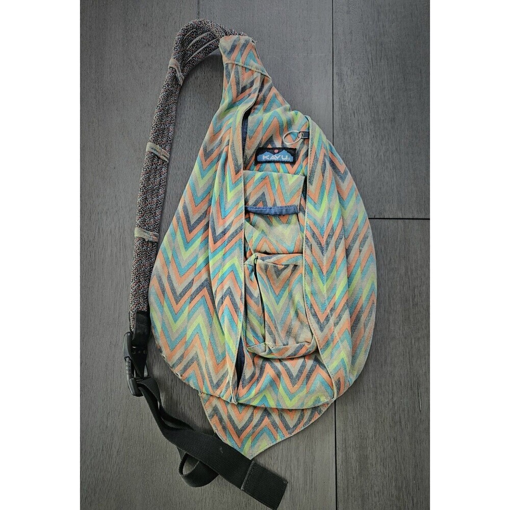 Kavu Rope Sling Bag Orange Geometric Chevron Aztec Canvas Shoulder Backpack - Picture 2 of 11